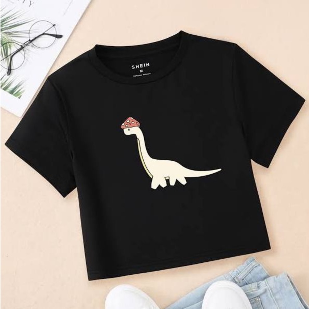 Crop Black T-shirt with dinosaur